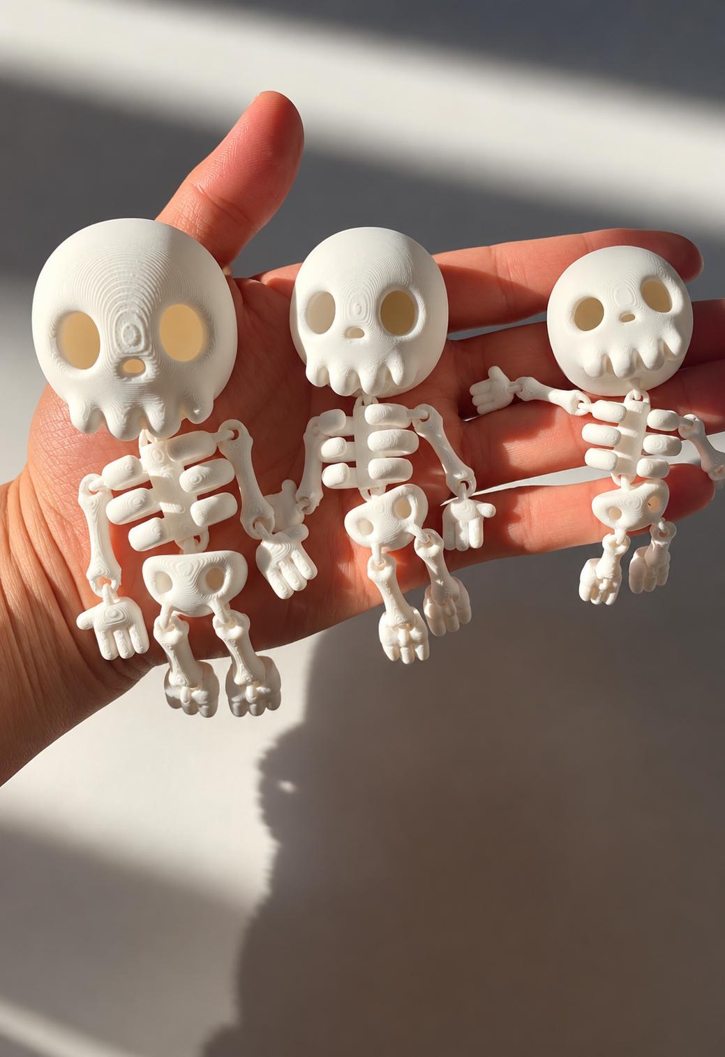 Hand holding three white 3D printed articulated skeleton toys by Studio Imola
