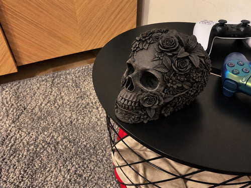 Black 3D printed floral skull sculpture, gothic home decor